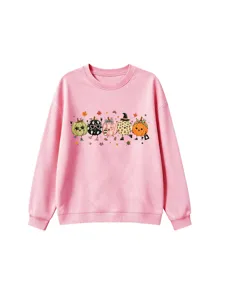 Cute autumn pumpkin graphic pink sweatshirt for kids, cozy long sleeve casual pullover top.