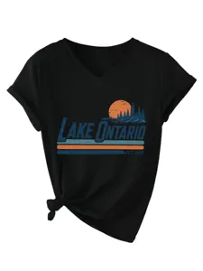 Vintage Lake Ontario grafico scollo V manica corta casual donna maglietta nera top.