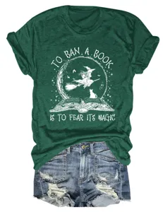 Green women's short sleeve t-shirt with book magic graphic, casual crew neck top.