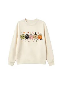 Cute cartoon pumpkin graphic detail on beige crewneck sweatshirt, perfect autumn style apparel.