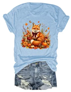 Damen Herbst Fuchs Grafik Kurzarm T-Shirt Lässiges Süßes Tierdruck Rundhals Oberteil