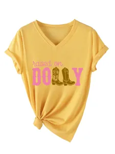 Damen gelbes V-Ausschnitt Kurzarm T-Shirt mit gekrempelten Ärmeln und süßem Print Top.
