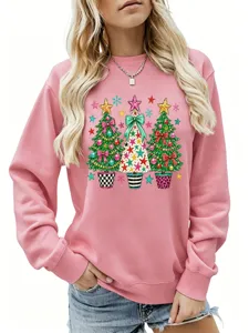 Detailansicht Damen rosa Weihnachtsbaum Grafik Sweatshirt, casual Feiertagspullover.