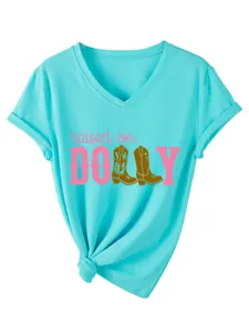 Damentürkis V-Ausschnitt Kurzarm T-Shirt mit niedlichem Dolly Western Cowboystiefel Motiv