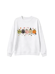 Cute autumn pumpkin graphic white sweatshirt for women and kids casual fall pullover top.