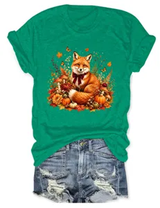 Lässiges Damen Kurzarm T-Shirt mit süßem Herbst Fuchs und Kürbis Grafikdruck.
