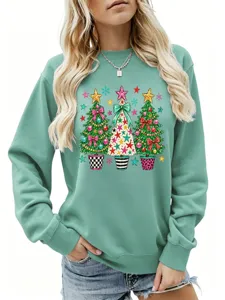 Damen lässiger grüner Weihnachtsbaum Print Rundhals Langarm Pullover Sweatshirt.