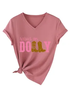 Rosa V-Ausschnitt Kurzarm T-Shirt mit Dolly Grafik für Damen Freizeitkleidung Basic