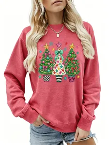 Lässiger Damen Pullover Detailansicht mit Weihnachtsbaum Grafik, bequemes Langarmshirt.