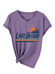 Donna vintage Lake Ontario grafico scollo V manica corta maglietta nodo orlo viola