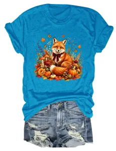 Damen Herbst Fuchs Druck Kurzarm T-Shirt Freizeit süßer Rundhalsausschnitt blaue Tops