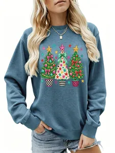 Damen Weihnachten Baum Druck Rundhals Sweatshirt Lässige Langarm Feiertag Pullover Blau Top