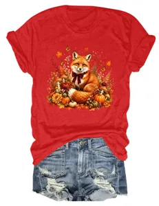 Damen rotes Kurzarm T-Shirt mit süßem Herbst Fuchs, Ahornblatt und Kürbis Grafikdesign.