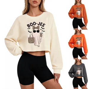 Damen Halloween gruseliger Geist Crop Sweatshirt mit langen Ärmeln und lässigem Stil.