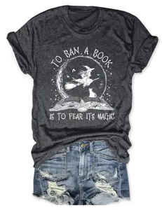 Women dark gray short sleeve t-shirt with book magic graphic quote casual summer top apparel