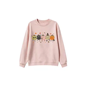 Cute pink long sleeve autumn sweatshirt featuring adorable cartoon pumpkin graphic prints.