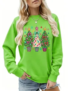 Damen gruener Weihnachtsbaum Grafik Print langaermliger Freizeit Pullover Sweatshirt