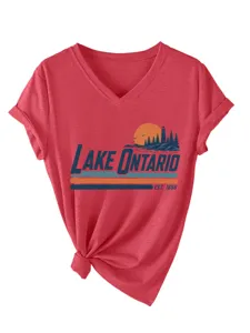 Maglietta Donna Casual Rossa Scollo V Maniche Corte con Stampa Grafica Faro Lago Ontario