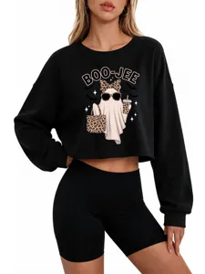 Damen Mode cropped schwarzer Pullover Langarm Geist Grafik lässiges Sweatshirt Top