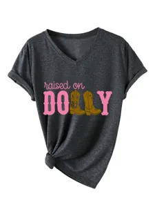 Bequemes Damen V-Ausschnitt Kurzarm T-Shirt mit modischem Dolly Grafikprint Freizeitoberteil.