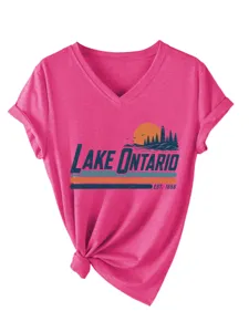 Maglietta donna scollo V manica corta rosa con stampa vintage Lake Ontario top casual.