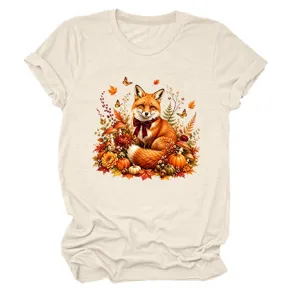 Damen lässiges Kurzarm T-Shirt mit süßem Herbst Fuchs und Kürbis Grafik-Druck Vorderseite.