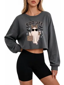 Dunkelgrauer Damen Pullover mit niedlichem Leoparden Geist Druck und langen Ärmeln.