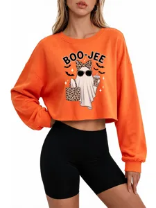 Oranger Damen Bauchfreier Pullover Langarm Boo Jee Geist Grafik Herbst Damen Top Detail
