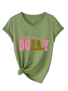 Damen V-Ausschnitt Kurzarm T-Shirt Lässiges olivgrünes Grafik T-Shirt Top mit Knoten Saum
