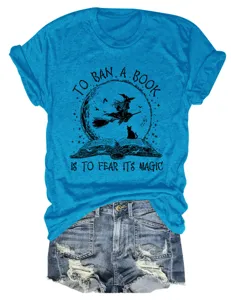 Women halloween book witch graphic round neck short sleeve t shirt paired with denim shorts