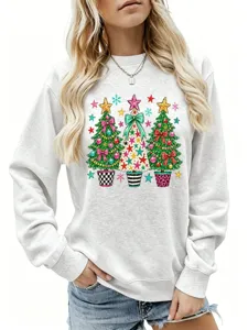 Lässiger hellgrauer Damenpullover mit festlichem Weihnachtsbäume Grafikdruck für den Winter.