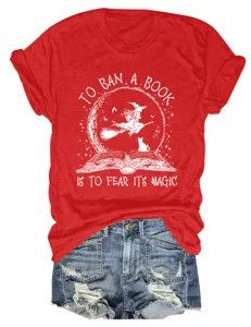 Womens red short sleeve graphic t-shirt with book magic witch print casual summer tee