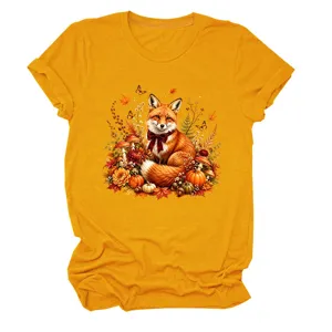 Damen lässiges gelbes Kurzarm T-Shirt mit süßem Herbst Fuchs und Kürbis Grafikdruck Oberteil.