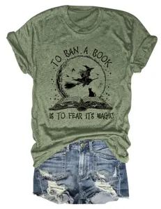 Women's vintage Halloween witch book graphic short sleeve crewneck t-shirt casual top