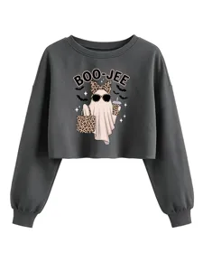 Damen dunkelgrauer kurzer Pullover mit süßem Leoparden-Geist Grafik Langarm-Oberteil.