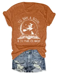 Women Halloween Graphic Tee Short Sleeve Round Neck Orange T-Shirt Book Witch Top Outfit