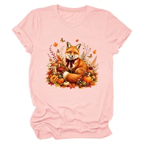 Lässiges Damen T-Shirt in Rosa mit Rundhalsausschnitt und herzigem Herbst Fuchs Grafikprint.