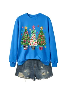 Damen Weihnachten Tanne Grafik Rundhals Langarm blaues Sweatshirt Pullover Top Neu
