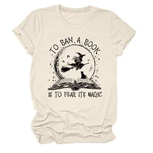 Women vintage book graphic short sleeve t-shirt, casual beige crewneck cotton casual top.