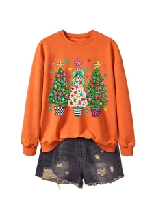 Damen lässiges orangefarbenes Langarm-Sweatshirt mit festlichem Weihnachtsbaum-Grafikprint.