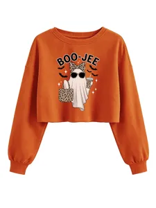 Detailansicht Damen Mode bauchfreies Sweatshirt orange langarm Leo Geist Grafik Top