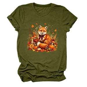 Damen Herbst Fuchs Grafik Kurzarm T-Shirt, niedlicher Blumen Pilz und Kürbis Print Top.