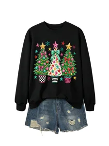 Damen Weihnachtsbaum Grafik Sweatshirt mit Jeansshorts Freizeit Set festliches Outfit