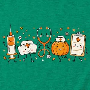 Green women short sleeve t-shirt featuring cute cartoon medical tools and pumpkin graphic print.
