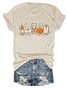 Casual cute medical cartoon graphic crew neck short sleeve women t-shirt, perfect for daily wear.