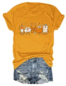 Cute nurse pumpkin medical print short sleeve t-shirt paired with denim shorts for women.