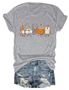 Women cute medical nurse pumpkin print grey short sleeve crew neck t-shirt with denim shorts