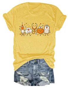 Cute medical cartoon print crew neck short sleeve yellow t-shirt matching blue denim shorts
