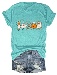 Casual cute nurse cartoon print short sleeve crew neck t-shirt with denim shorts outfit for women.