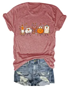 Women cute cartoon medical nurse pumpkin print short sleeve round neck t-shirt casual top